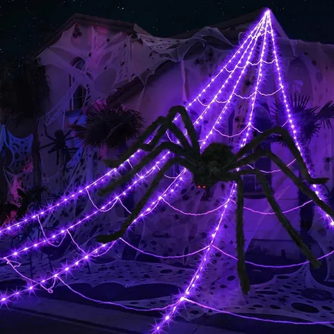 Halloween Glowing Spider Web Decoration Large LED Triangle Net with Remote Control for Outdoor Yard Haunted House Party