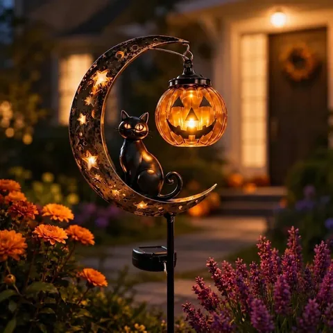 Solar Powered Halloween Garden Stake Light Black Metal Moon With Cat Silhouette And Hanging Pumpkin Lantern For Outdoor Yard Decor