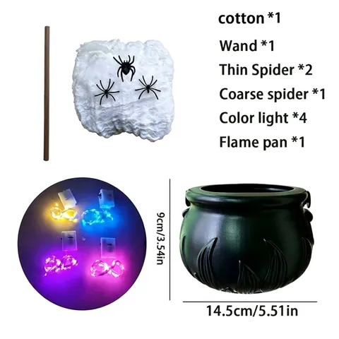 Halloween Witch Cauldron Desktop Decoration LED Glowing Purple Bubble Pot Ornament With Spiders Wand Cotton For Party Home Decor