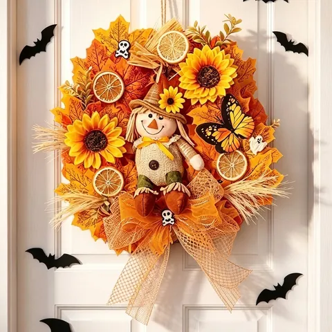 Ghirlanda di Halloween Ringraziamento Spaventapasseri Mucca delle Highlands Decorazione da Appendere alla Porta Pastorale Autunno Foglia di Acero Girasole Ornamento
