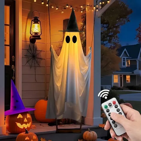 Large Halloween Hanging Swing Ghost Decoration Luminous LED Remote Control White Fabric Ghost For Porch Yard Outdoor Decor