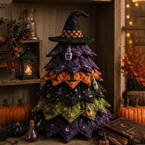 Handgemaakte Halloween Gewatteerde Stoffen Boom Ornament Katoen Patchwork Tafeldecoratie Pompoen Geest Vleermuis Patroon Thuis