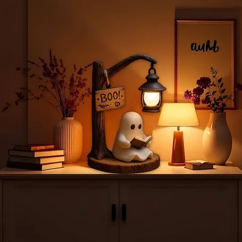 Linterna de Lectura de Fantasma Lindo de Halloween Luz de Noche Figura de Resina Con Brillo Cálido Para Decoración de Escritorio