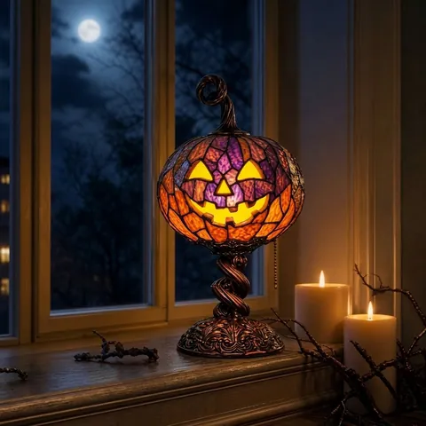 Retro Colorful Resin Pumpkin Table Lamp With Pull Chain Switch Halloween Jack-O-Lantern Desk Light For Holiday Decor Warm Light
