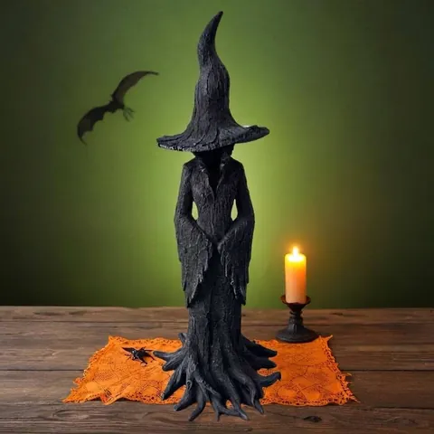 Statue de Sorcière Fantôme sans Visage d'Halloween en Résine Figurine de Sorcier avec Texture d'Écorce d'Arbre pour Jardin