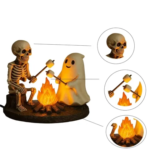 Halloween Skeleton And Ghost Bonfire Night Lamp Resin Decorative Campfire Light Warm LED Marshmallow Roasting Fireplace Decor