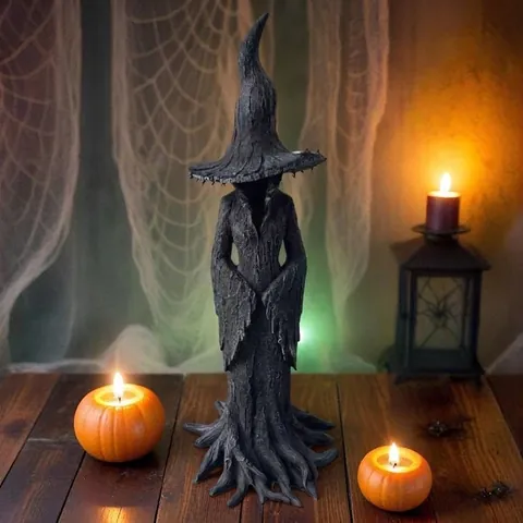 Statue de Sorcière Fantôme sans Visage d'Halloween en Résine Figurine de Sorcier avec Texture d'Écorce d'Arbre pour Jardin