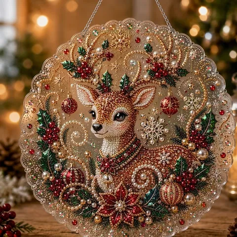 5D DIY Diamond Painting Christmas Hanging Decoration Acrylic Rhinestone Artificial Pearl Santa Reindeer Snowman Wreath Ornament For Holiday Home Wall Decor