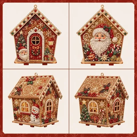 Kit Maison de Noël DIY Art de Perles Ornement Festif en Bois Peinture Strass Décoration Maison Cadeau de Vacances Père Noël