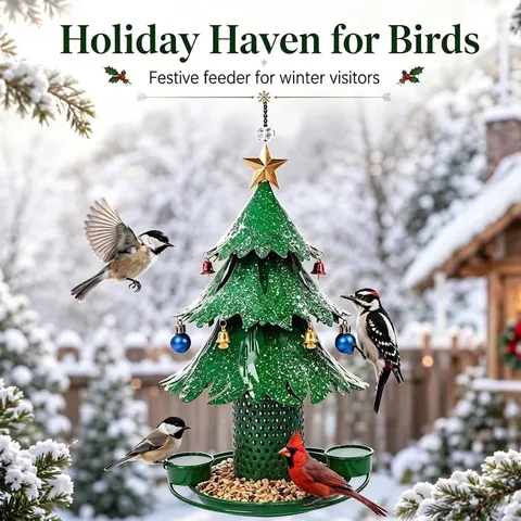 Christmas Tree Bird Feeder Metal Outdoor Hanging Seed Feeder Festive Garden Decor for Backyard Birds With Star Bell Decorations