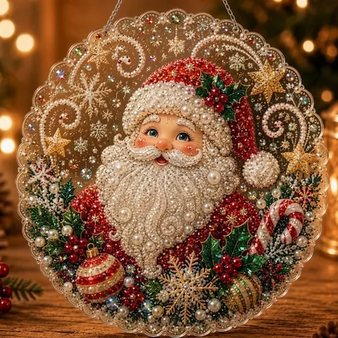 5D DIY Diamond Painting Christmas Hanging Decoration Acrylic Rhinestone Artificial Pearl Santa Reindeer Snowman Wreath Ornament For Holiday Home Wall Decor