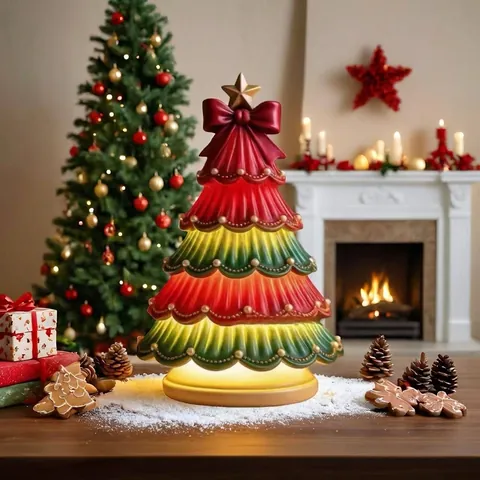 Christmas Tree Light Ornament Resin LED Night Light With Bow Star Decoration For Home Xmas Party Festive Tabletop Decor
