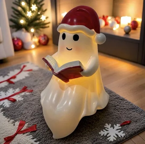Lindo Fantasma Leyendo Libro Lámpara Con Gorro de Navidad Resina LED Luz de Noche Ornamento Decorativo de Escritorio para Fiesta Hogar