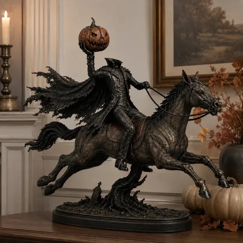 Halloween Headless Horseman Figurine Spooky Pumpkin Head Statue Resin Gothic Horse Sculpture For Home Table Party Decor