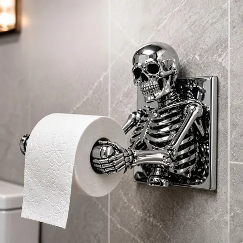 Gothic Skeleton Toilet Paper Holder 3D Resin Skull Wall Mounted Bathroom Roll Paper Stand Halloween Decor Silver Chrome