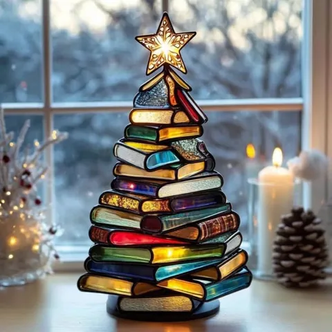 Adorno de Árbol de Navidad de Resina 3D Pila de Libros Con Estrella LED Decoración de Escritorio Navideña Luminosa Para Hogar