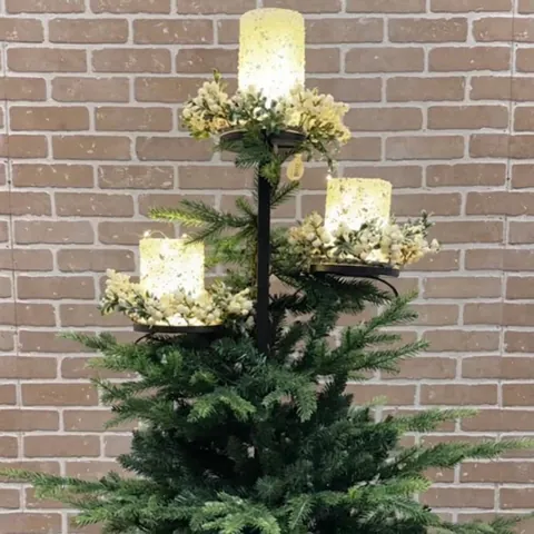 Christmas Candle Holder Tray 3-Tier Iron Decorative Stand With LED Warm Light For Christmas Tree Decoration Home Party