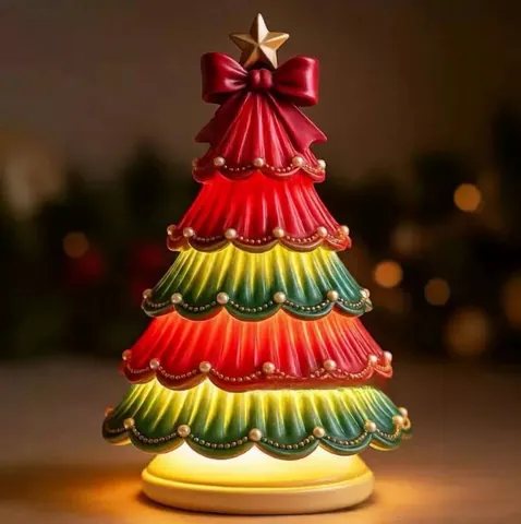 Christmas Tree Light Ornament Resin LED Night Light With Bow Star Decoration For Home Xmas Party Festive Tabletop Decor