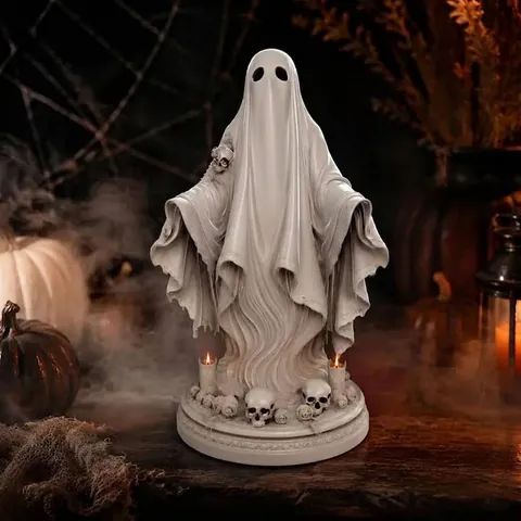 Statue de Fantôme Gothique Halloween Figurine en Résine Blanche Sculpture Déco Gothique Avec Base de Crâne Ornement de Fête