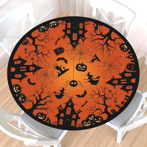 Runde Halloween Tischdecke mit Gummizug Orange Kürbis Hexe Schloss Muster Wasserdicht Dekoration für Party Zuhause