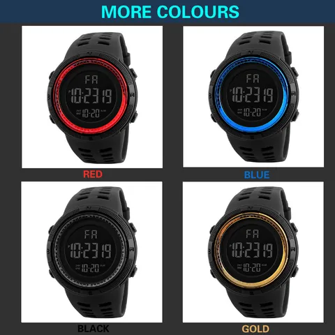 Men Sport Digital Watch Large Dial Negative Display LED Backlight Plastic Case PU Strap Waterproof Student Wristwatch