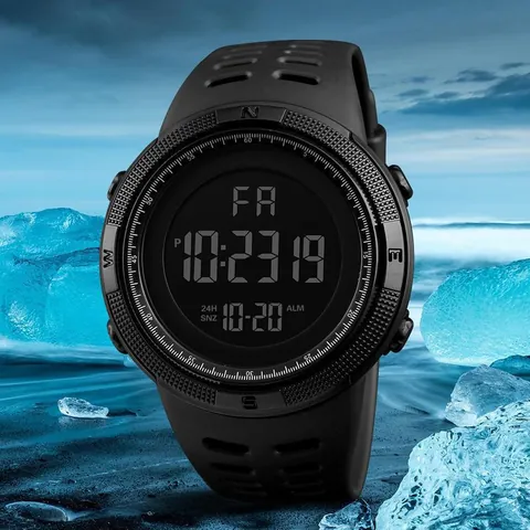 Men Sports Digital Watch Large Screen Waterproof EL Light Luminous Outdoor Multifunctional Electronic Wristwatch With PVC Strap