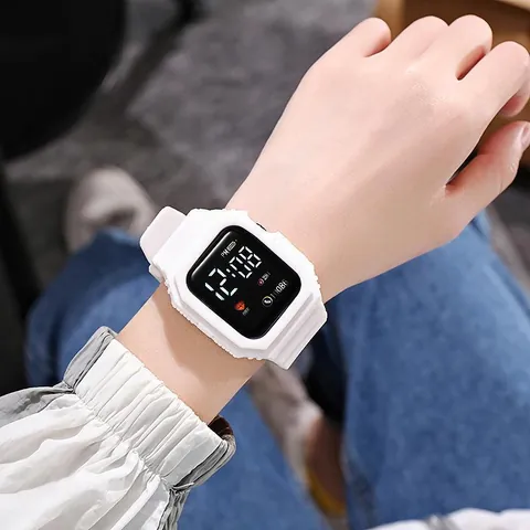 Square LED Digital Watch For Students Kids Sporty Minimalist Silicone Electronic Luminous Wristwatch For Daily School Use
