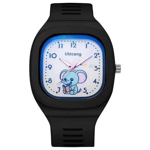 Reloj de Cuarzo para Mujer Lindo Patrón de Elefante de Dibujos Animados Esfera Cuadrada Correa de Plástico Silicona Estudiante Niños Reloj Deportivo Impermeable