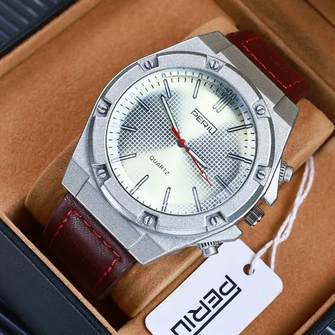 Vintage Herren Quarz Uhr Großes Rundes Zifferblatt Leuchtzeiger Achteckige Lünette Kunstlederband Lässige Armbanduhr
