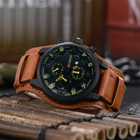 Men Large Dial Quartz Watch Military Style Calendar Faux Leather Strap Vintage Fashion Casual Wristwatch For Outdoor Daily