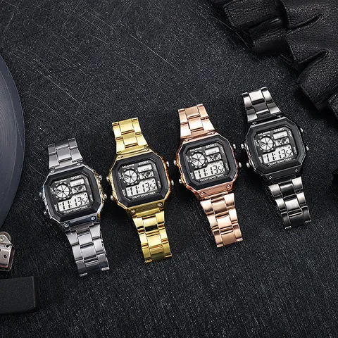 Men's Digital Sports Watch LED Backlight Stainless Steel Band Waterproof Square Face Business Watch Fashion Digital Watch