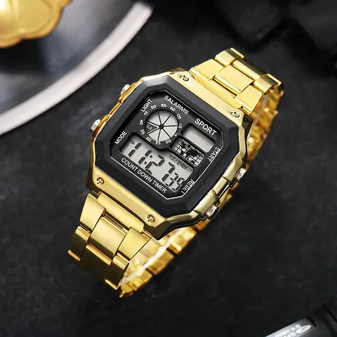 Men's Digital Sports Watch LED Backlight Stainless Steel Band Waterproof Square Face Business Watch Fashion Digital Watch