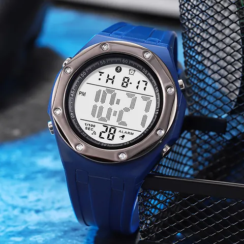 Men Sports Digital Watch Multifunctional Outdoor Electronic Watch With Luminous Waterproof Alarm Stopwatch Round Zinc Alloy Case TPU Strap