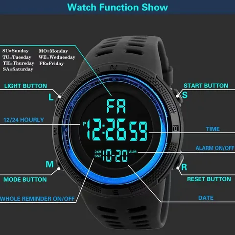 Men Sports Digital Watch Large Screen Waterproof EL Light Luminous Outdoor Multifunctional Electronic Wristwatch With PVC Strap