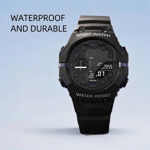 Men Sports Digital Watch Multifunctional Waterproof Alarm Stopwatch Backlight PU Strap Plastic Case Outdoor Electronic Wristwatch