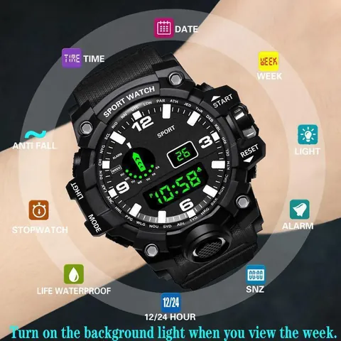 Montre Digitale de Sport de Plein Air pour Hommes Femmes Double Affichage Multifonctionnelle Style Militaire Plastique PVC Montre Électronique