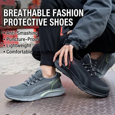 Men's Breathable Mesh Safety Shoes Steel Toe Anti-smashing Puncture-proof Work Shoes EVA Sole Lightweight Protection Footwear