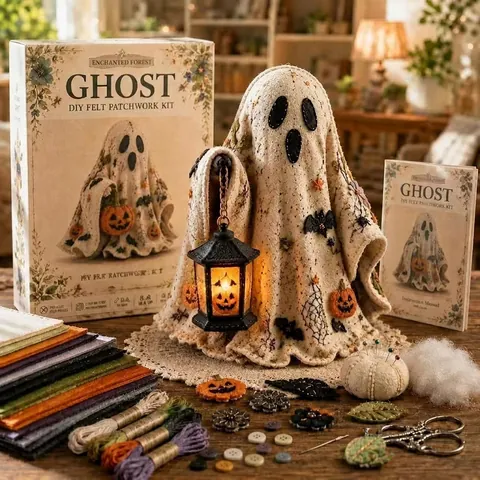 Kit Fai da Te in Feltro a Forma di Piccolo Fantasma di Halloween Ricamato Con Zucca e Gatto Decorazione per la Casa e le Feste