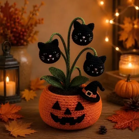 Halloween DIY Crochet Kit Pumpkin Ghost Pot Decoration Hand Woven Bat Witch Hat Skull Ornament Festive Home Desktop Gift