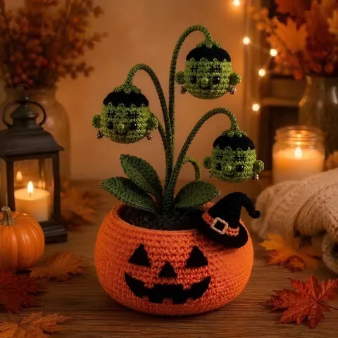 Halloween DIY Crochet Kit Pumpkin Ghost Pot Decoration Hand Woven Bat Witch Hat Skull Ornament Festive Home Desktop Gift