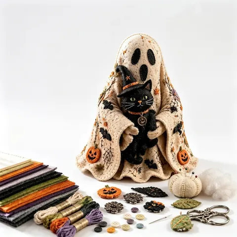 Kit Fai da Te in Feltro a Forma di Piccolo Fantasma di Halloween Ricamato Con Zucca e Gatto Decorazione per la Casa e le Feste