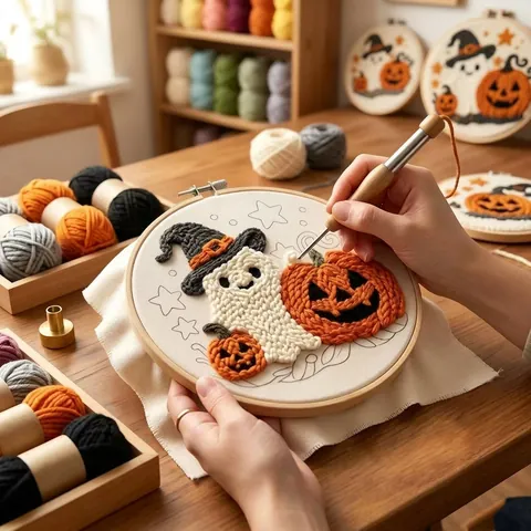 Halloween Ghost Pumpkin Punch Needle Embroidery Kit DIY Handmade Linen Material Kit With Wooden Hoop Yarn Needle Craft Set