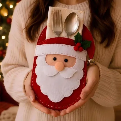 Christmas Cutlery Holder Felt Embroidered Santa Reindeer Tree Table Decoration Fork Spoon Bag For Party Dinner Home