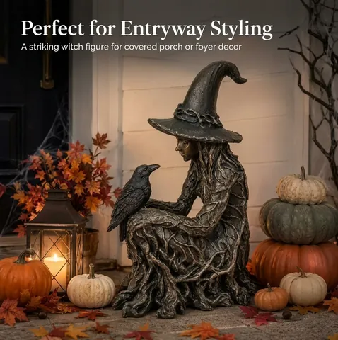 Άγαλμα Μάγισσας Halloween Διακοσμητικό από Ρητίνη Γοτθικό Ειδώλιο Μάγισσας Με Κοράκι Γλυπτό Για Διακόσμηση Σπιτιού Κήπου Halloween