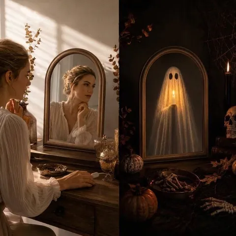 Specchio Fantasma Luminoso di Halloween Vintage ad Arco in Vetro LED Specchio Oggetto di Scena Casa Festa Decorazione