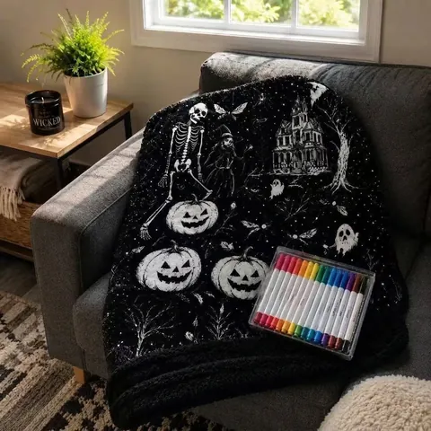 DIY Halloween Coloring Blanket With 12 Markers Washable Polyester Throw For Kids Adults Pumpkin Ghost Pattern Festive Decor