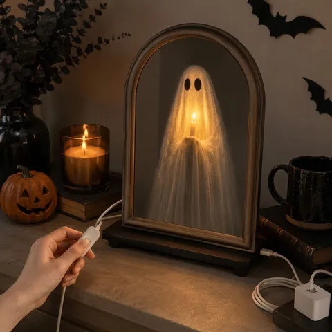 Specchio Fantasma Luminoso di Halloween Vintage ad Arco in Vetro LED Specchio Oggetto di Scena Casa Festa Decorazione