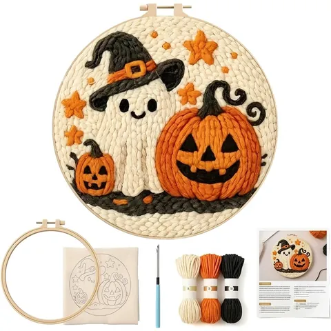 Halloween Ghost Pumpkin Punch Needle Embroidery Kit DIY Handmade Linen Material Kit With Wooden Hoop Yarn Needle Craft Set