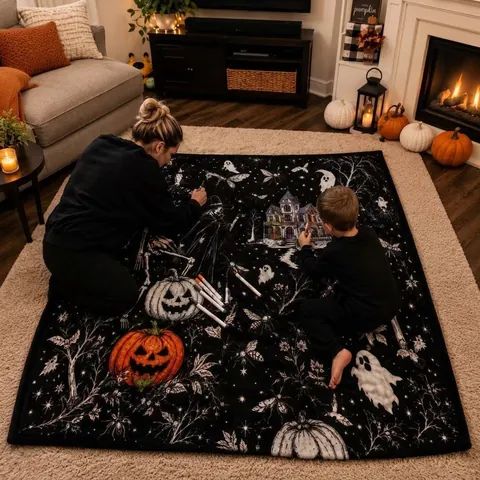 DIY Halloween Coloring Blanket With 12 Markers Washable Polyester Throw For Kids Adults Pumpkin Ghost Pattern Festive Decor