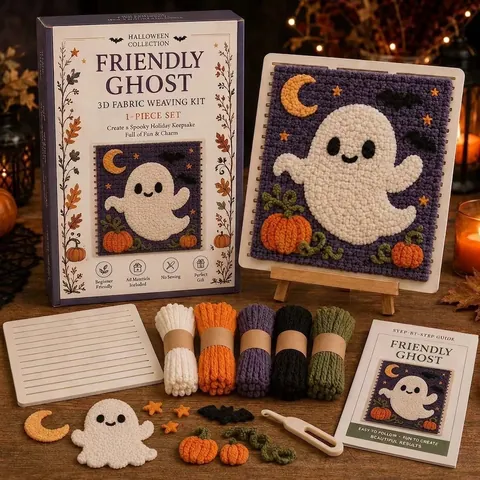 Halloween No-Sew Punch Needle DIY Kit American Style Cartoon Pumpkin Ghost Skull Embroidery Kit Yarn-Dyed Knit Fabric Craft Kit